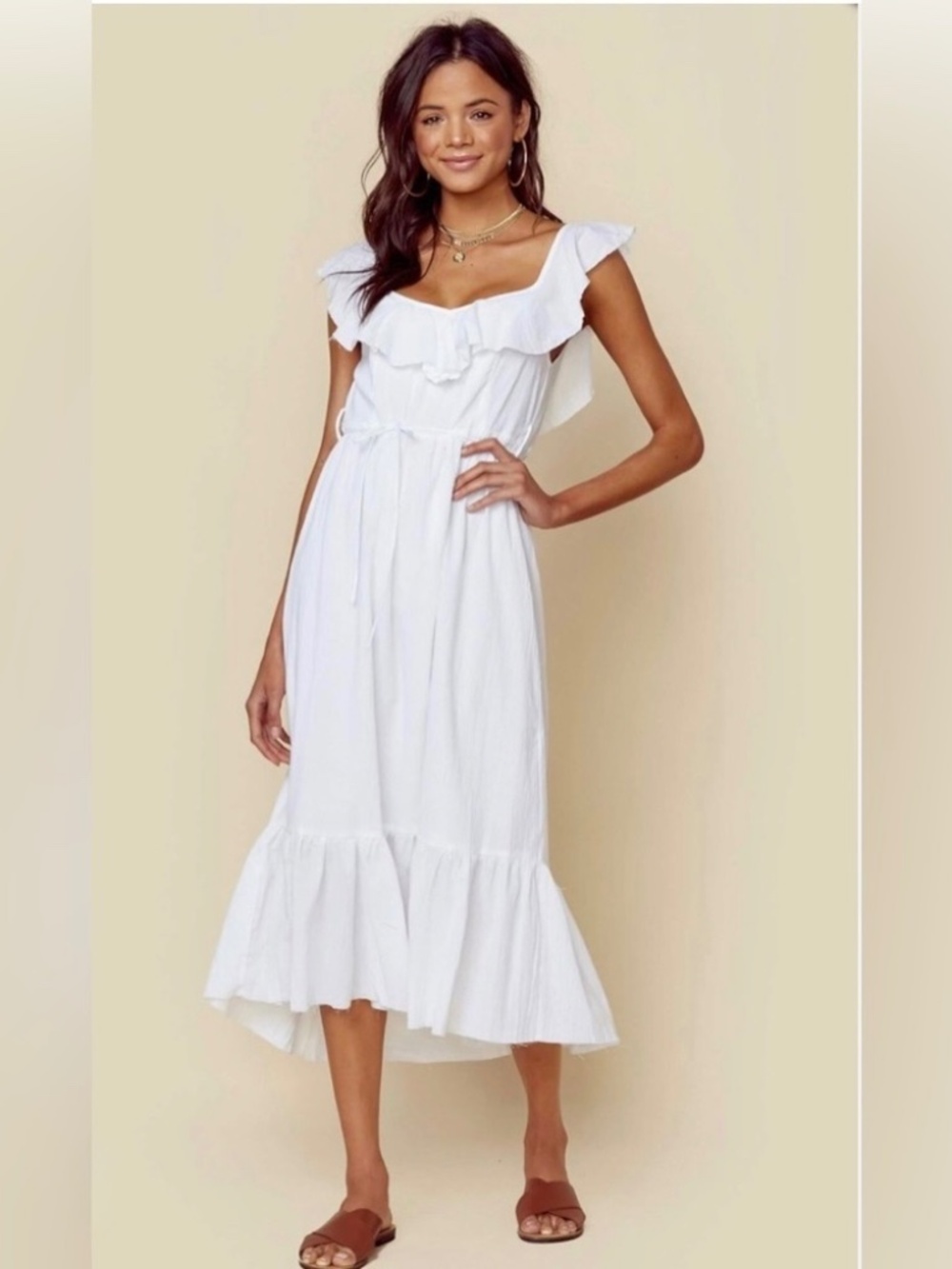 Rue Stiic Clara White Cotton Ruffle High-Low Maxi Dress NWOT Size S
